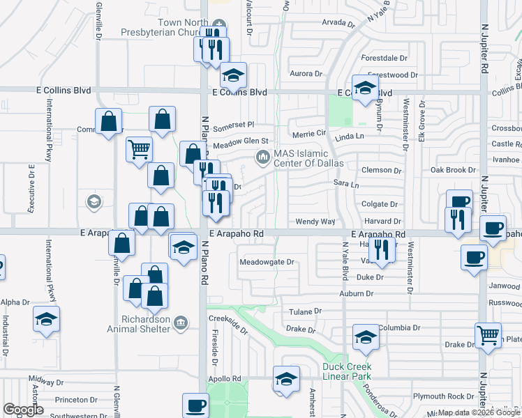 map of restaurants, bars, coffee shops, grocery stores, and more near 1011 Harness Lane in Richardson