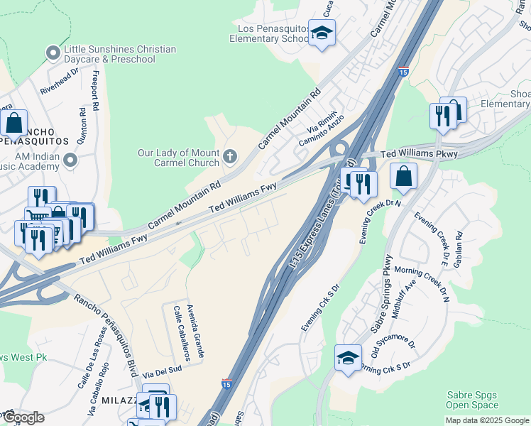 map of restaurants, bars, coffee shops, grocery stores, and more near 10345 Azuaga Street in San Diego