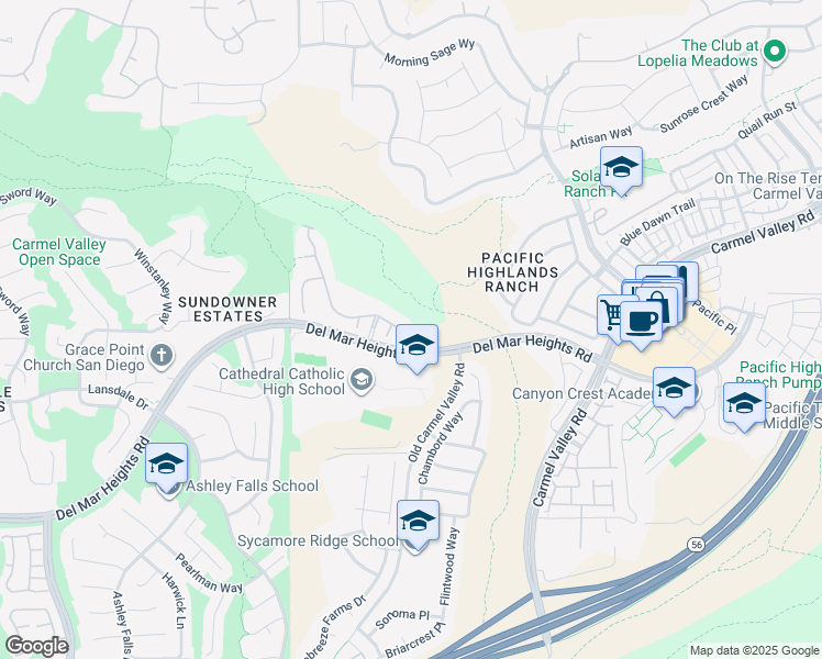 map of restaurants, bars, coffee shops, grocery stores, and more near 5582 Valerio Trail in San Diego