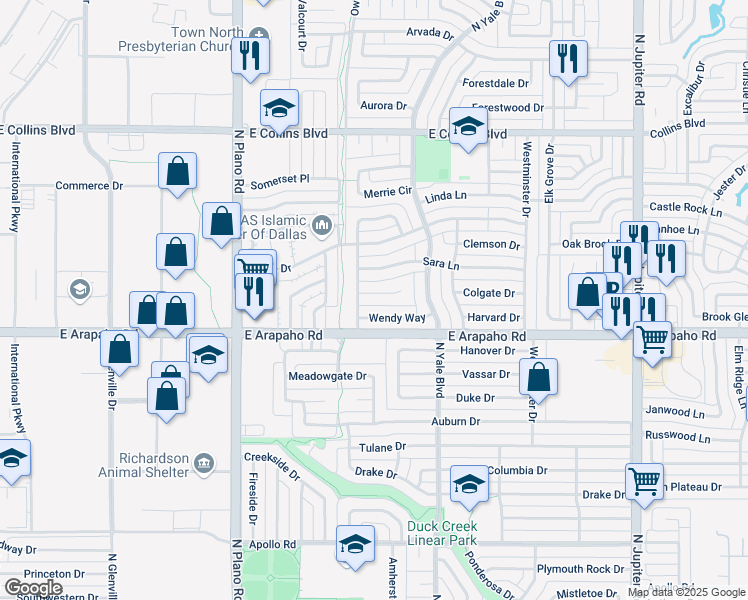 map of restaurants, bars, coffee shops, grocery stores, and more near 1601 Stacey Court in Richardson