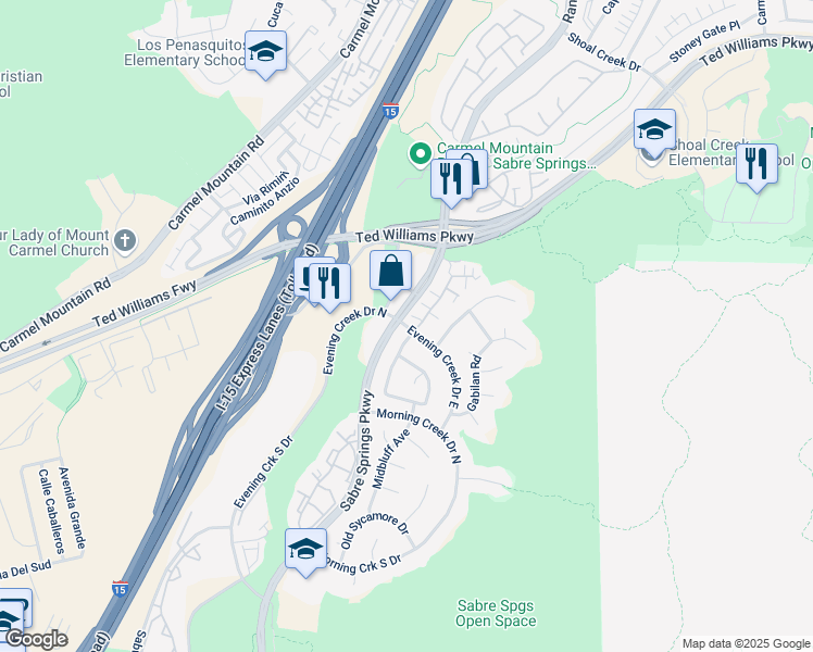 map of restaurants, bars, coffee shops, grocery stores, and more near 10912 Evening Creek Drive East in San Diego