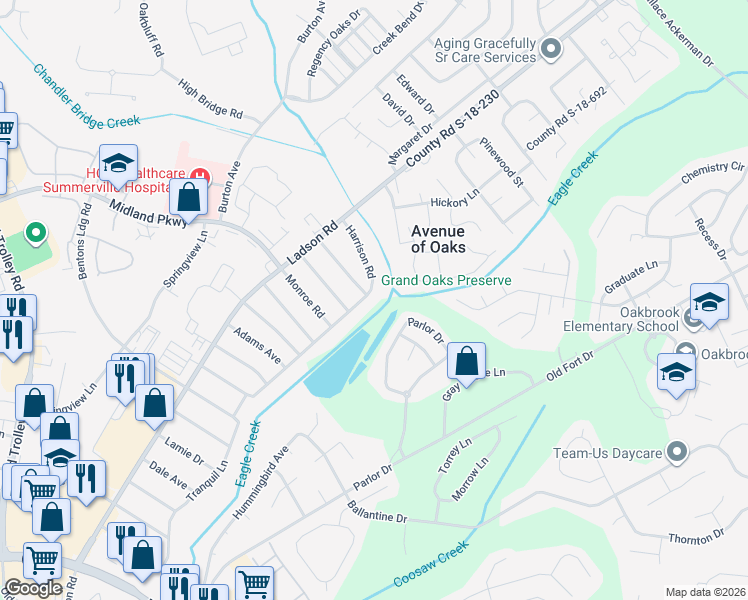 map of restaurants, bars, coffee shops, grocery stores, and more near 1023 Harrison Road in Ladson