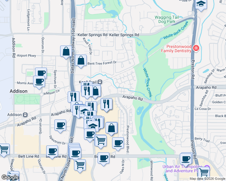 map of restaurants, bars, coffee shops, grocery stores, and more near 5515 Arapaho Road in Dallas