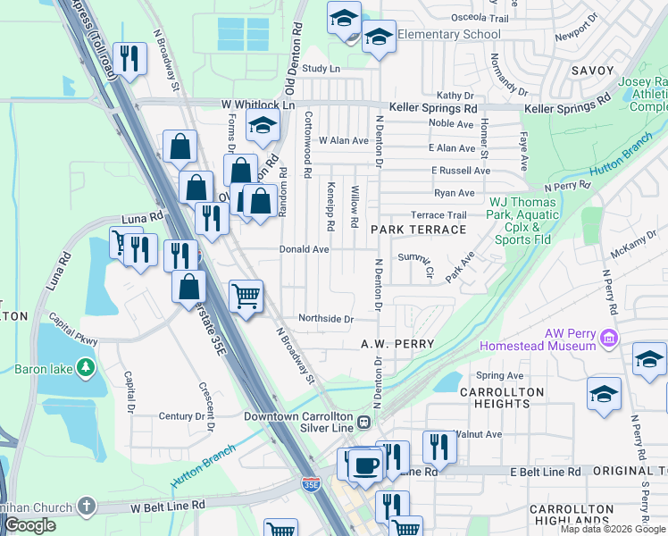 map of restaurants, bars, coffee shops, grocery stores, and more near 1711 Willow Road in Carrollton