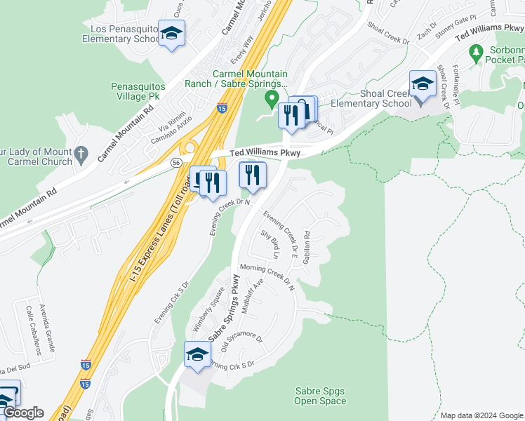 map of restaurants, bars, coffee shops, grocery stores, and more near 10912 Evening Creek Drive in San Diego