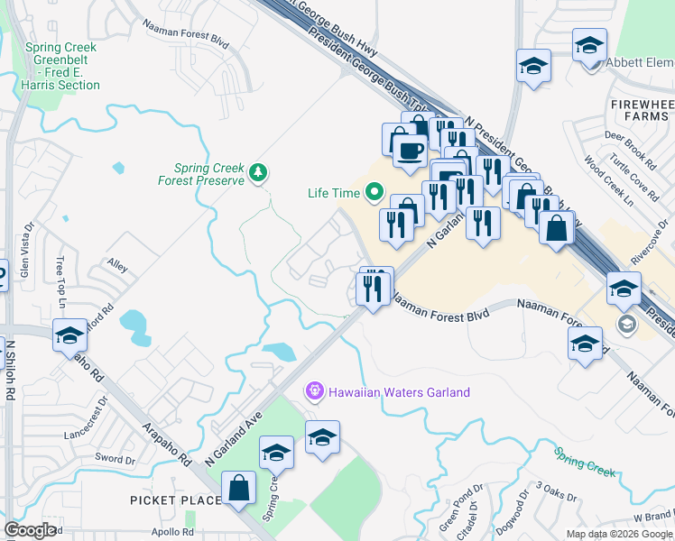 map of restaurants, bars, coffee shops, grocery stores, and more near 5501 Naaman Forest Boulevard in Garland