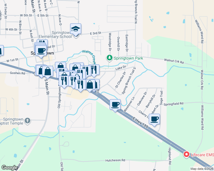 map of restaurants, bars, coffee shops, grocery stores, and more near 246 Lake Drive in Springtown