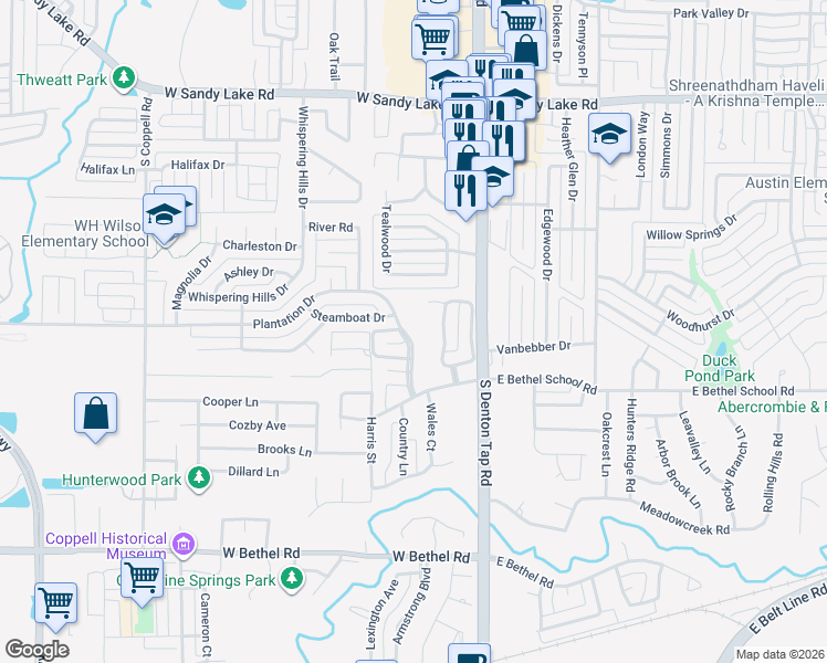 map of restaurants, bars, coffee shops, grocery stores, and more near 228 Plantation Drive in Coppell