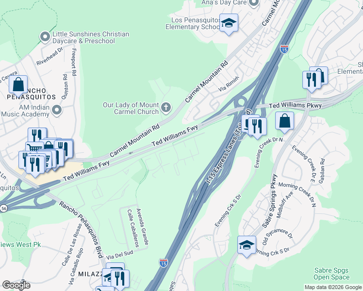 map of restaurants, bars, coffee shops, grocery stores, and more near 10301 Azuaga Street in San Diego