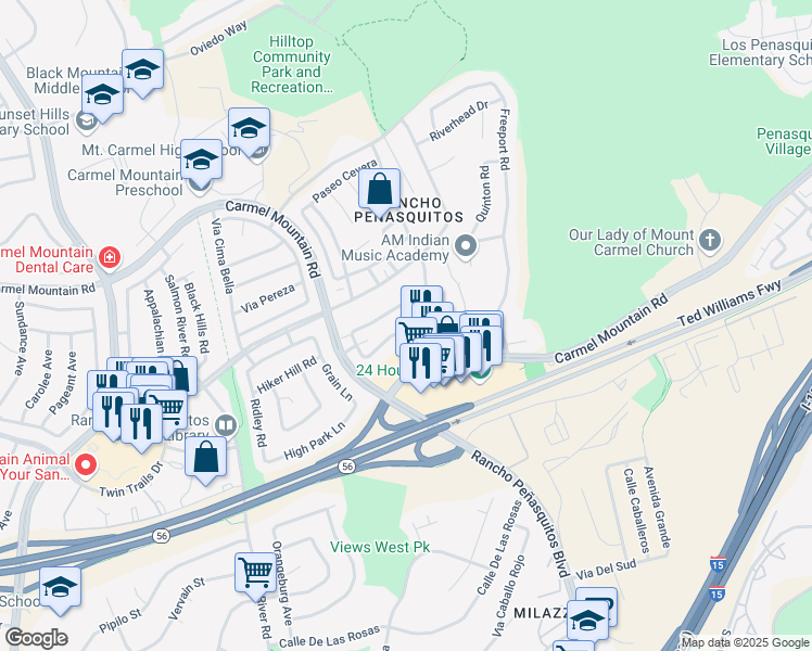 map of restaurants, bars, coffee shops, grocery stores, and more near 9875 Caminito Cuadro in San Diego