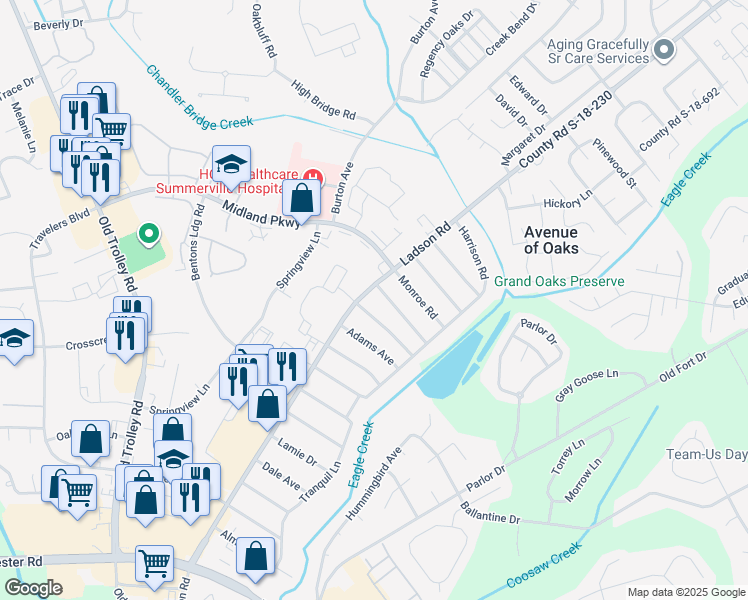 map of restaurants, bars, coffee shops, grocery stores, and more near 4330 Ladson Road in Ladson
