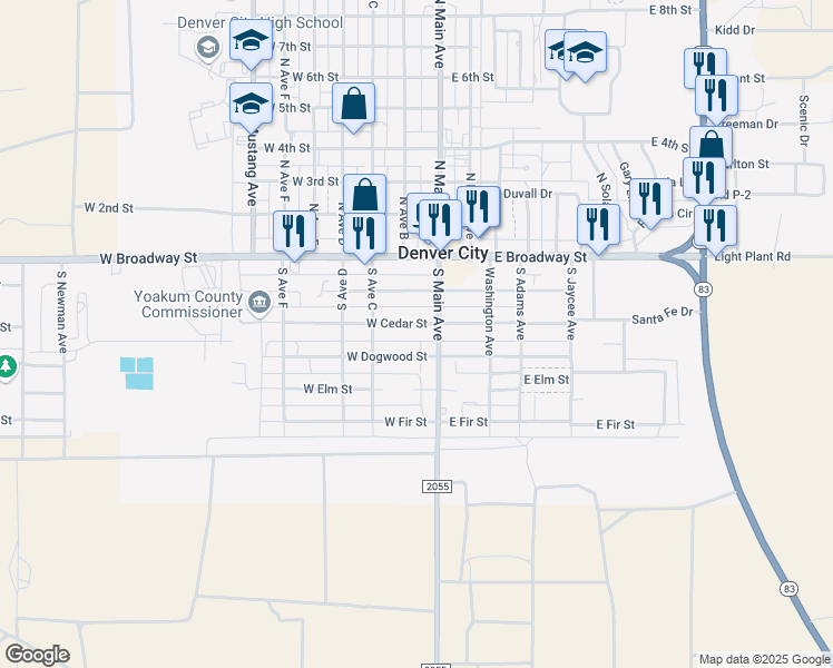 map of restaurants, bars, coffee shops, grocery stores, and more near 200-298 South Main Avenue in Denver City