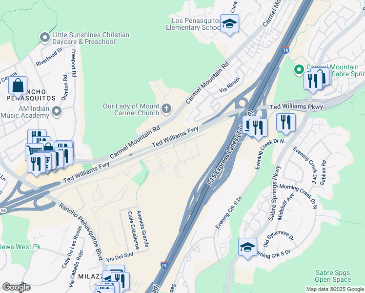 map of restaurants, bars, coffee shops, grocery stores, and more near 10301 Azuaga Street in San Diego