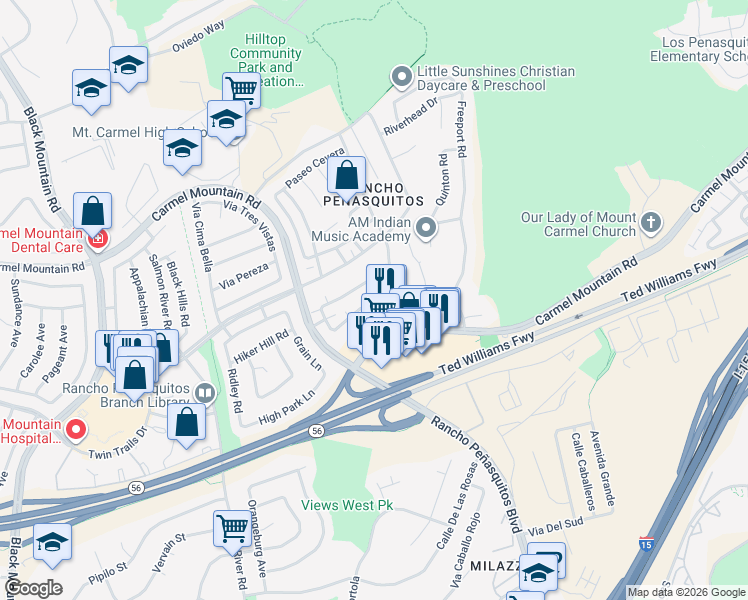 map of restaurants, bars, coffee shops, grocery stores, and more near 9936 Caminito Bolsa in San Diego