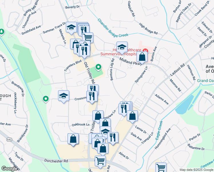 map of restaurants, bars, coffee shops, grocery stores, and more near 188 Midland Parkway in Summerville