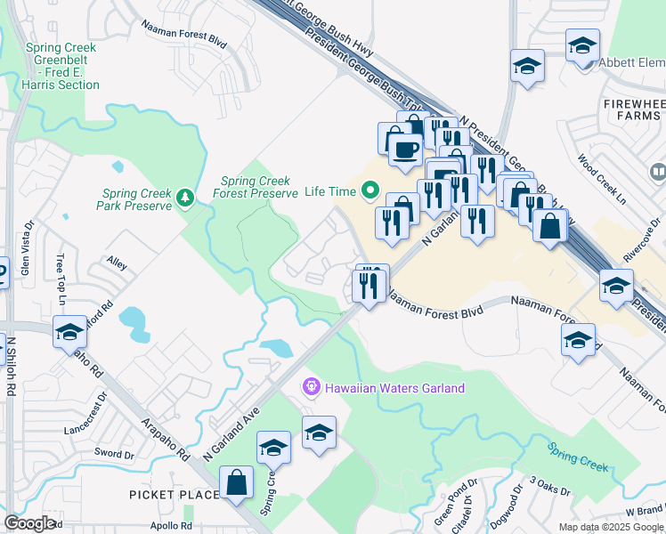 map of restaurants, bars, coffee shops, grocery stores, and more near 5425 Naaman Forest Boulevard in Garland