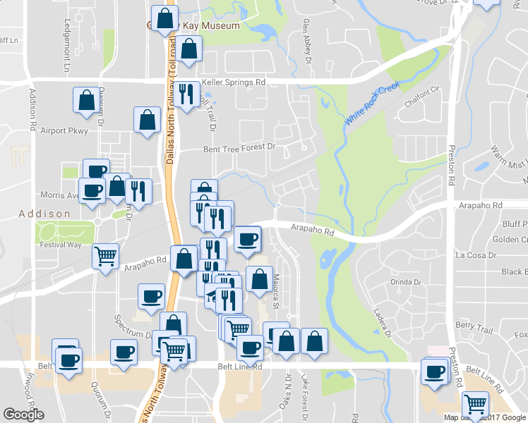 map of restaurants, bars, coffee shops, grocery stores, and more near 5555 Arapaho Road in Dallas