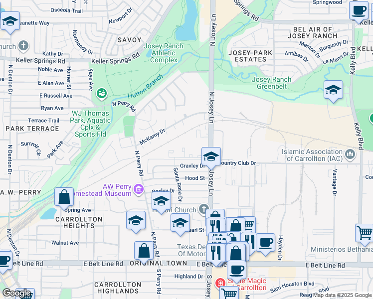 map of restaurants, bars, coffee shops, grocery stores, and more near 1845 North Josey Lane in Carrollton