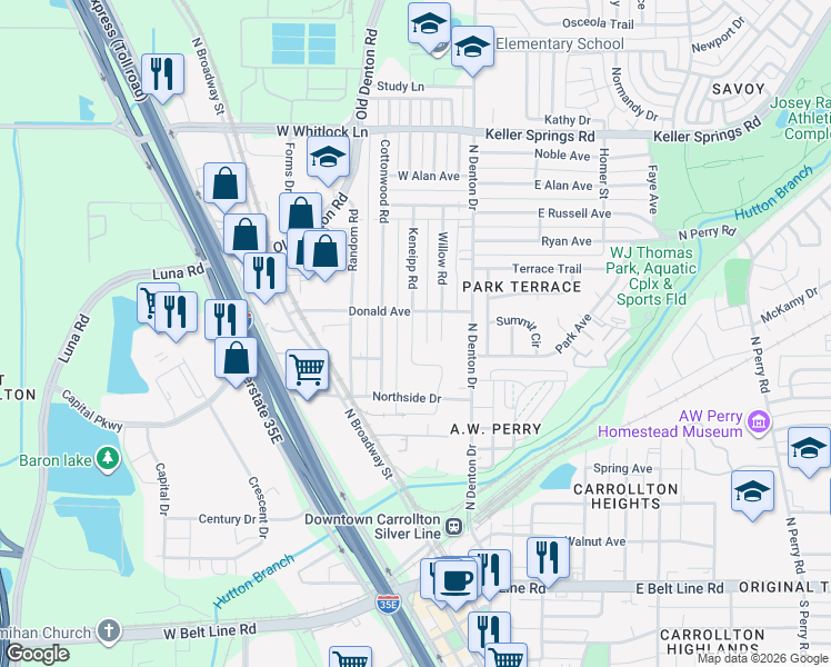 map of restaurants, bars, coffee shops, grocery stores, and more near 1711 Willow Road in Carrollton