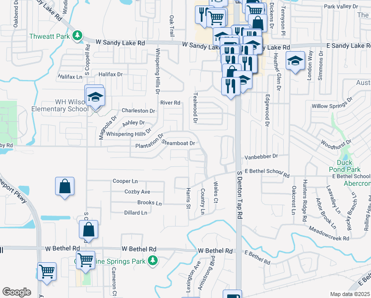 map of restaurants, bars, coffee shops, grocery stores, and more near 201 Plantation Drive in Coppell