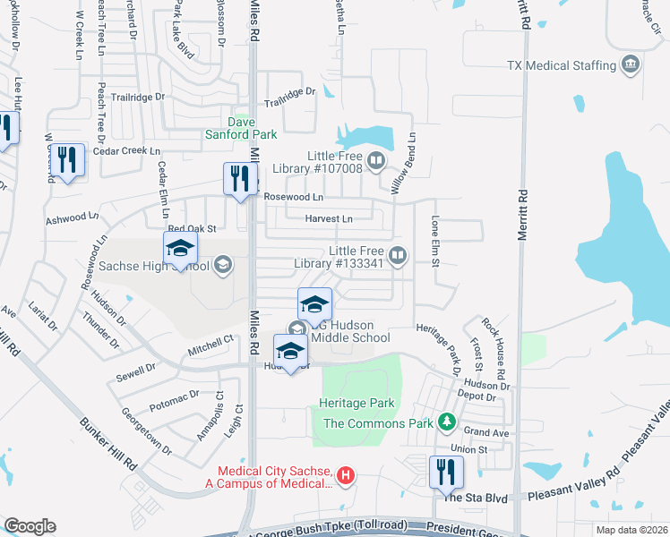 map of restaurants, bars, coffee shops, grocery stores, and more near 4620 Haverhill Lane in Sachse