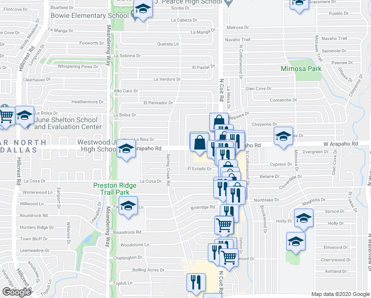map of restaurants, bars, coffee shops, grocery stores, and more near 15700 El Estado Drive in Dallas