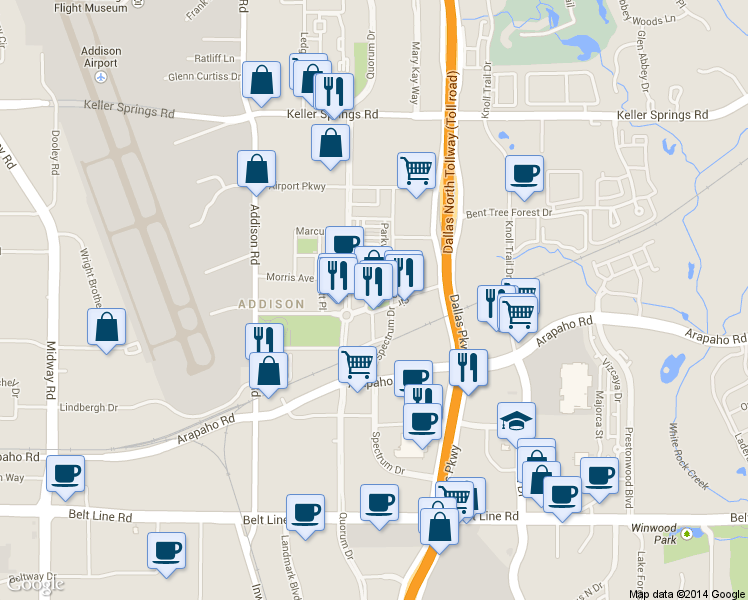 map of restaurants, bars, coffee shops, grocery stores, and more near 5009 Addison Circle in Addison