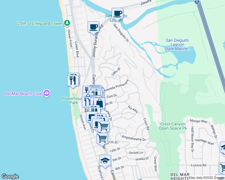 map of restaurants, bars, coffee shops, grocery stores, and more near 466 Avenida Primavera in Del Mar