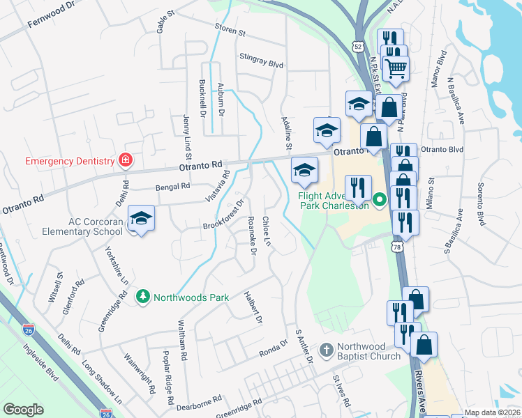 map of restaurants, bars, coffee shops, grocery stores, and more near 8653 Chloe Lane in North Charleston