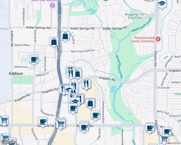map of restaurants, bars, coffee shops, grocery stores, and more near 5555 Arapaho Road in Dallas
