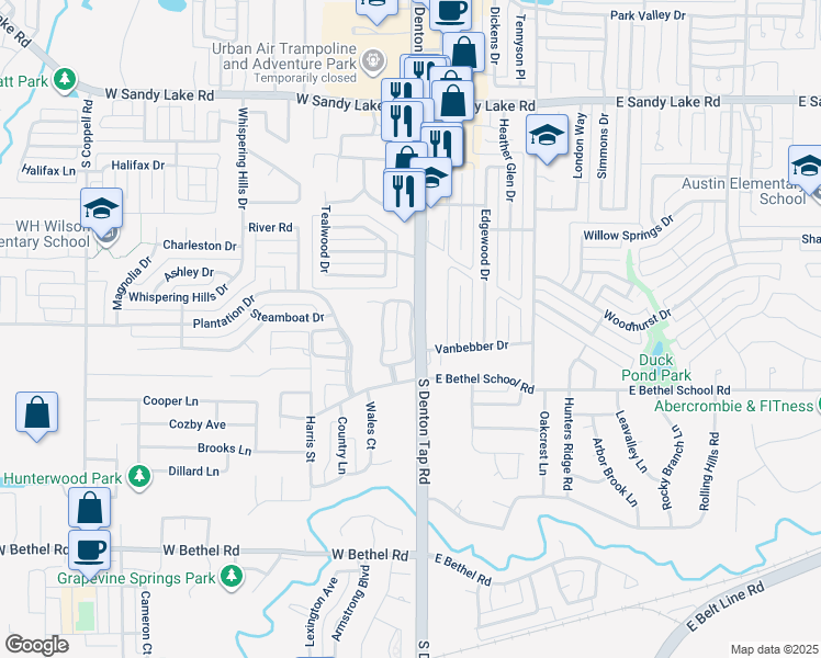 map of restaurants, bars, coffee shops, grocery stores, and more near 14 Oxford Place in Coppell