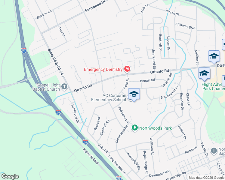 map of restaurants, bars, coffee shops, grocery stores, and more near 2749 Otranto Road in North Charleston