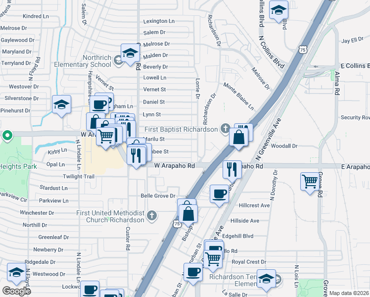 map of restaurants, bars, coffee shops, grocery stores, and more near 408 Hanbee Street in Richardson