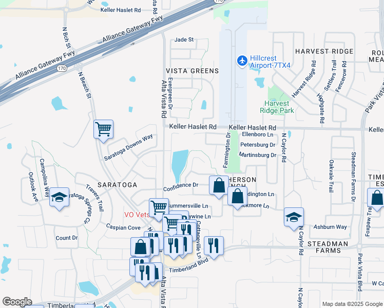 map of restaurants, bars, coffee shops, grocery stores, and more near 12956 Hurricane Lane in Fort Worth
