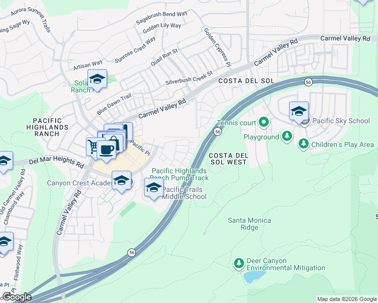 map of restaurants, bars, coffee shops, grocery stores, and more near 6161 Verda Lane in San Diego
