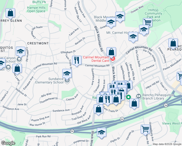 map of restaurants, bars, coffee shops, grocery stores, and more near 13286 Sundance Avenue in San Diego