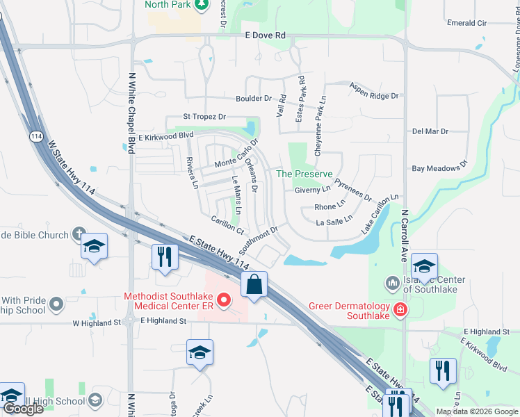 map of restaurants, bars, coffee shops, grocery stores, and more near 716 Orleans Drive in Southlake