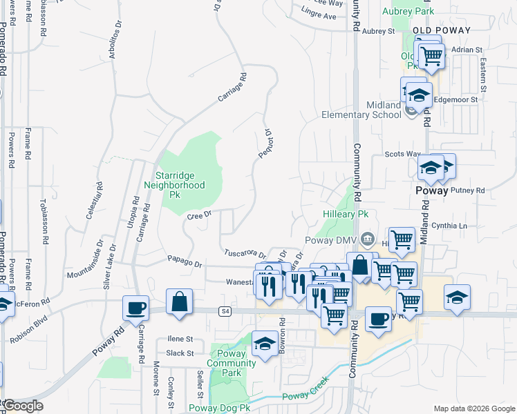 map of restaurants, bars, coffee shops, grocery stores, and more near 13483 Pequot Drive in Poway
