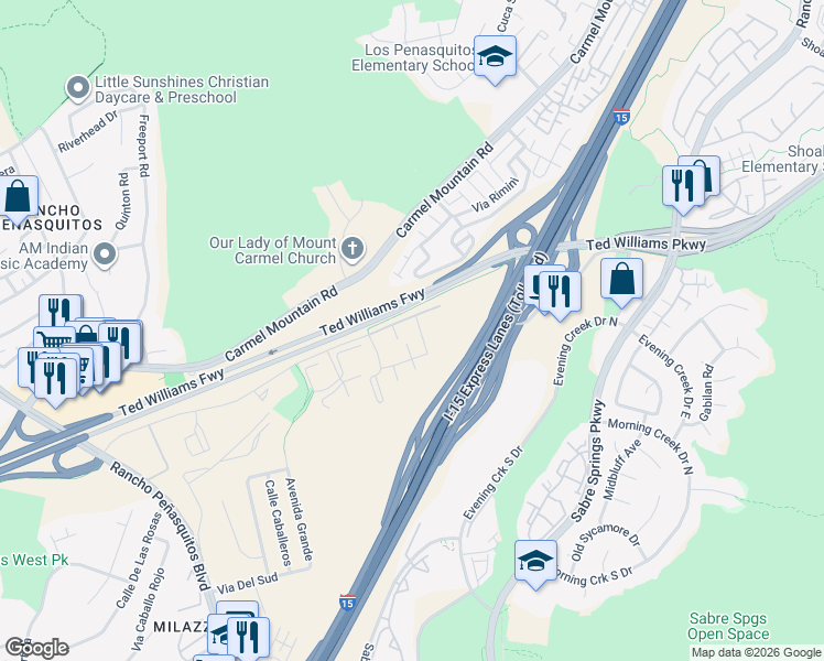 map of restaurants, bars, coffee shops, grocery stores, and more near 10345 Azuaga Street in San Diego