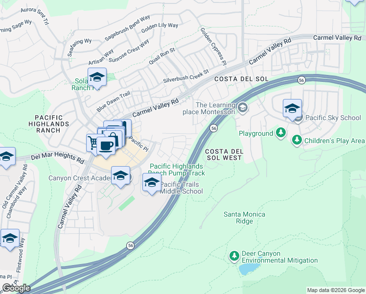 map of restaurants, bars, coffee shops, grocery stores, and more near 13032 Alora Point in San Diego