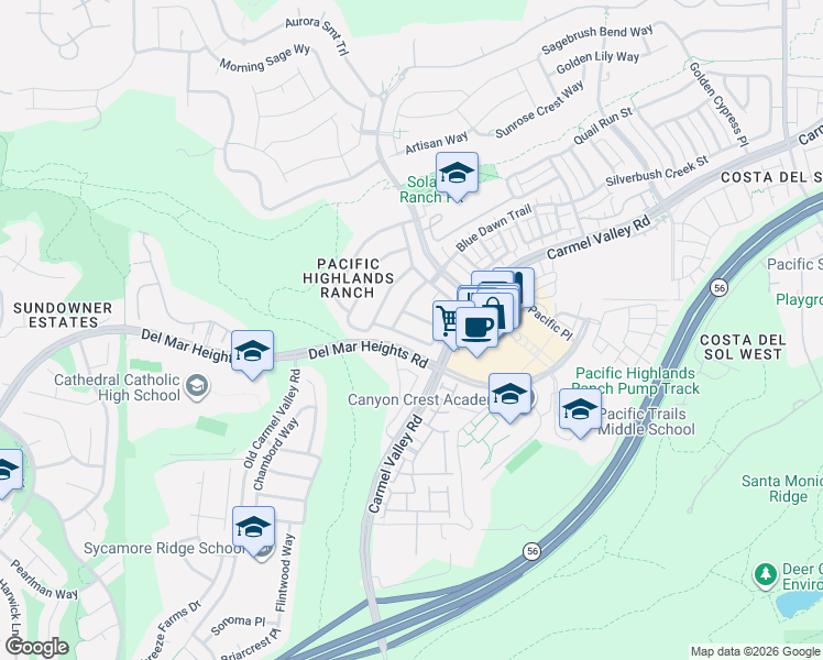 map of restaurants, bars, coffee shops, grocery stores, and more near 5733 Cornflower Trail in San Diego