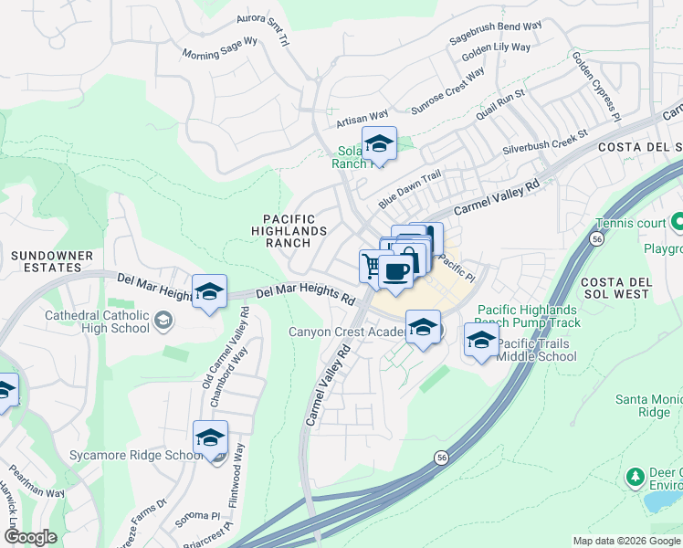 map of restaurants, bars, coffee shops, grocery stores, and more near 5733 Cornflower Trail in San Diego