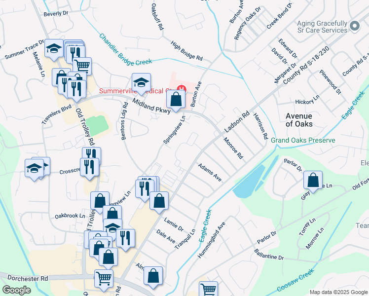 map of restaurants, bars, coffee shops, grocery stores, and more near 4370 Ladson Road in Summerville