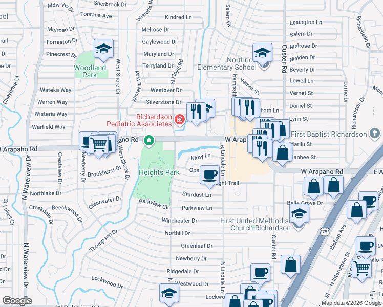 map of restaurants, bars, coffee shops, grocery stores, and more near 617 West Arapaho Road in Richardson