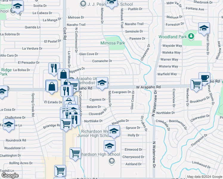 map of restaurants, bars, coffee shops, grocery stores, and more near 1235 Cherokee Drive in Richardson