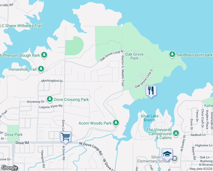 map of restaurants, bars, coffee shops, grocery stores, and more near 1025 Mockingbird Drive in Grapevine