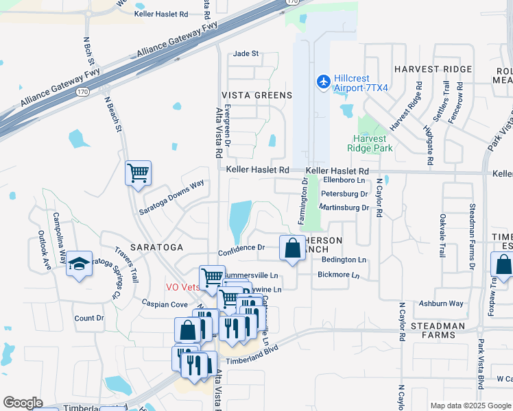 map of restaurants, bars, coffee shops, grocery stores, and more near 12956 Hurricane Lane in Fort Worth