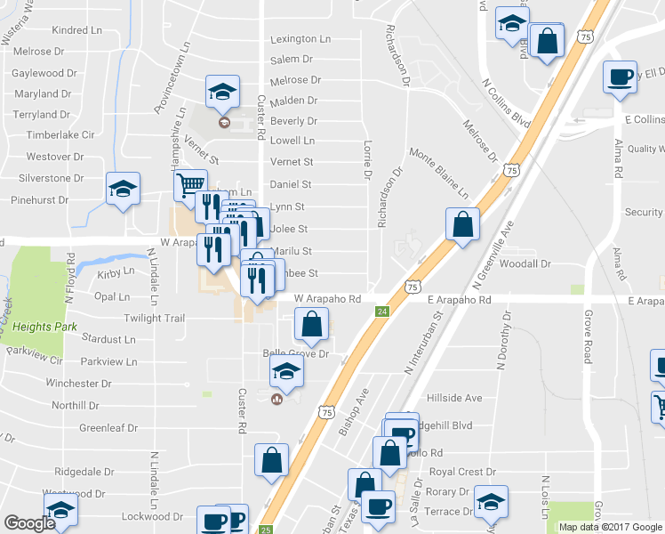 map of restaurants, bars, coffee shops, grocery stores, and more near 411 Marilu Street in Richardson