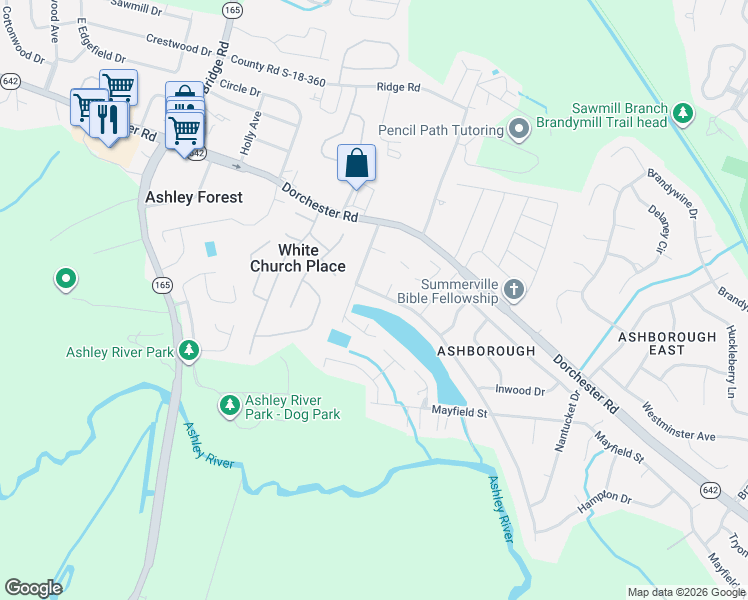 map of restaurants, bars, coffee shops, grocery stores, and more near 101 Lakeview Drive in Summerville
