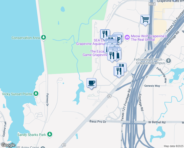 map of restaurants, bars, coffee shops, grocery stores, and more near 2749 Anderson Gibson Road in Grapevine